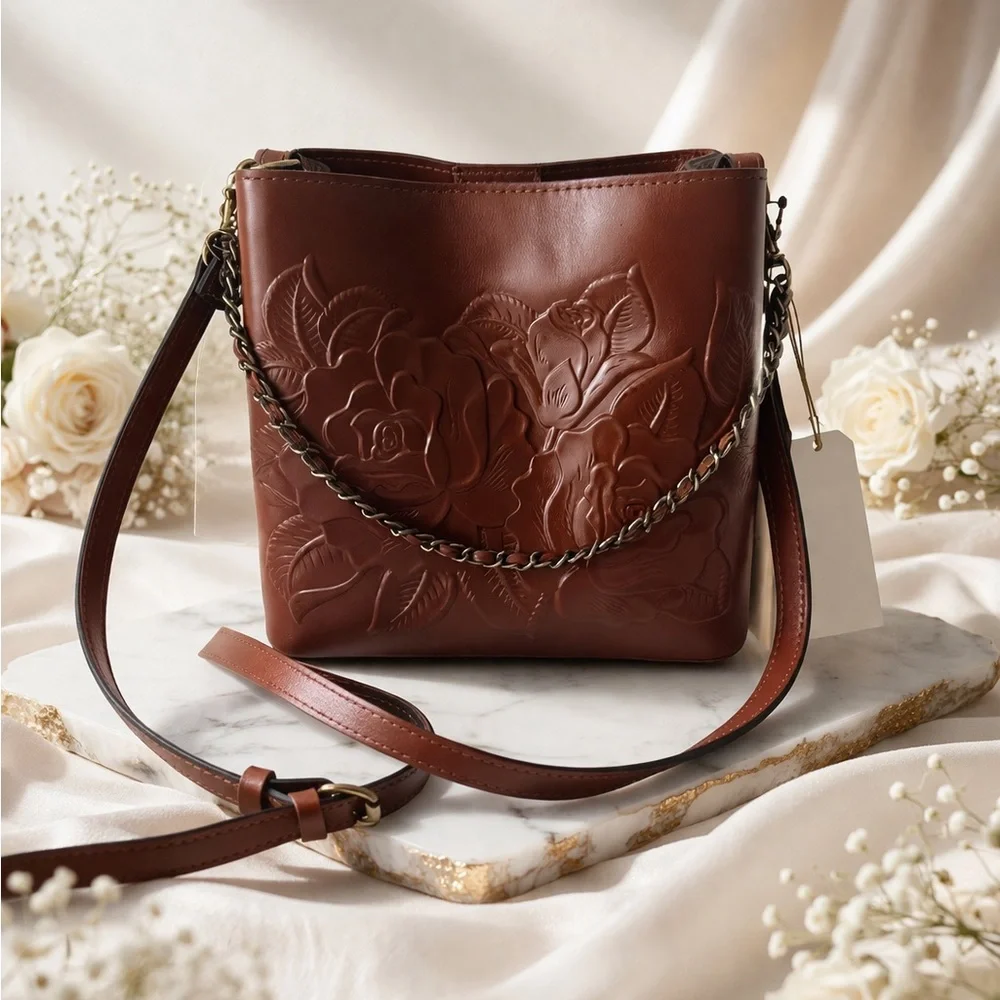 Patricia Nash Tooled Leather Ledra Bucket Crossbody Tote Handbag Tan